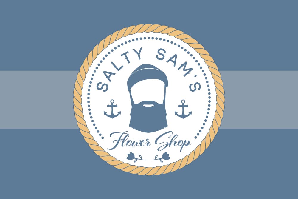 Salty Sam's Flower Shop logo on striped background